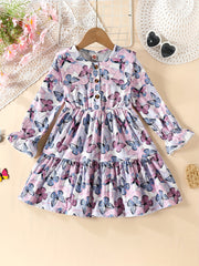 Girls Casual Butterfly Print Long Sleeve Dress