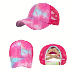 Tie Dye Criss Cross Ponytail Baseball Hat for Adults Trucker Graffiti Hat