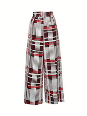 Women's Plus Plaid Wide Leg Pants High Rise Elastic Waist