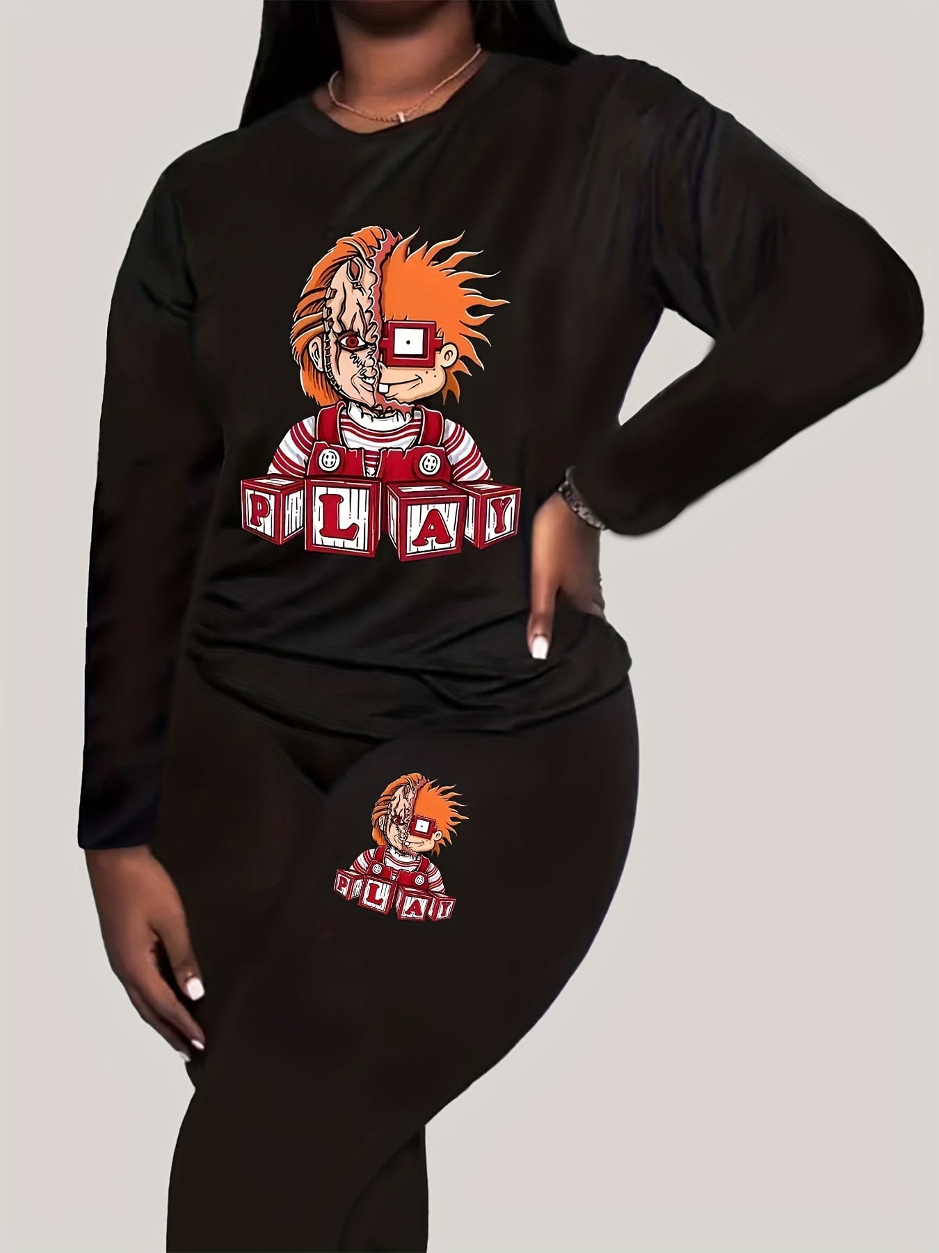  Halloween Cartoon Print Top & Leggings Set