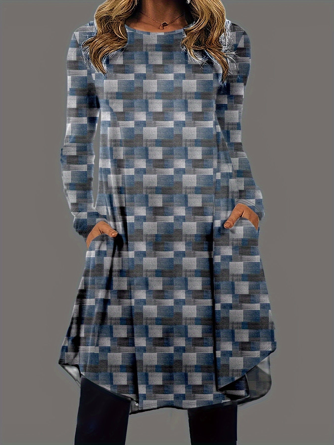  Women's Graphic Print Long Sleeve Dress With Pockets