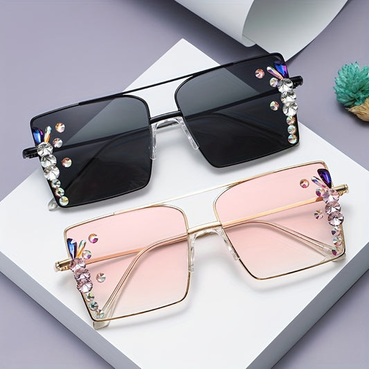 Y2K Top Bar Metal Sunglasses For Women Rhinestone Gradient Glasses