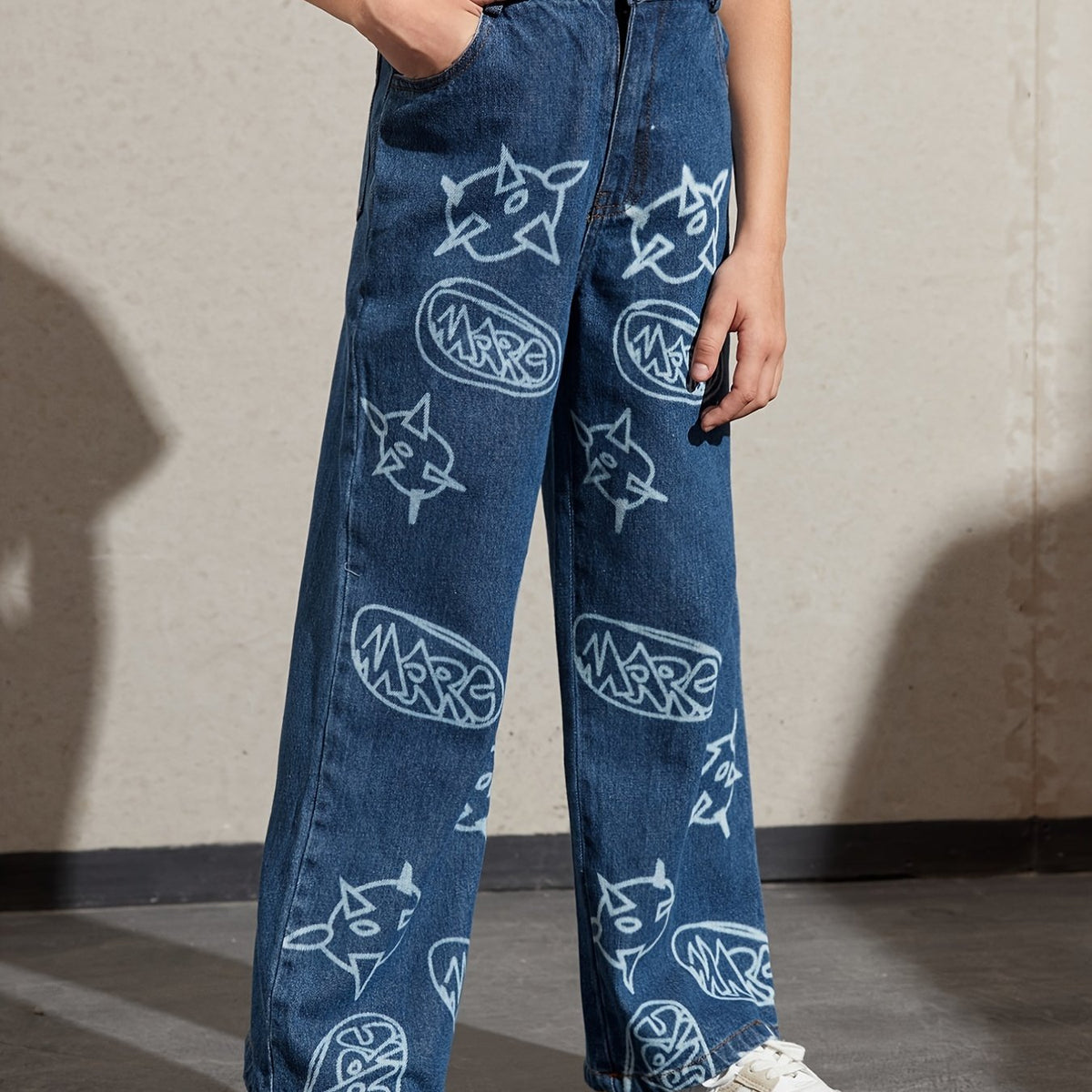 Girls Smiley Face Graphic Denim Wide Leg Pants