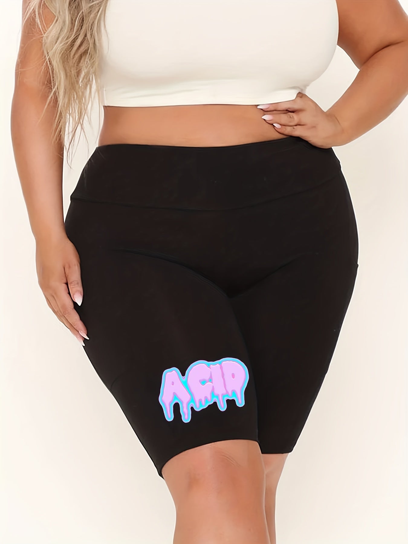 Plus Size Dripping Letter Print High Rise Biker Shorts