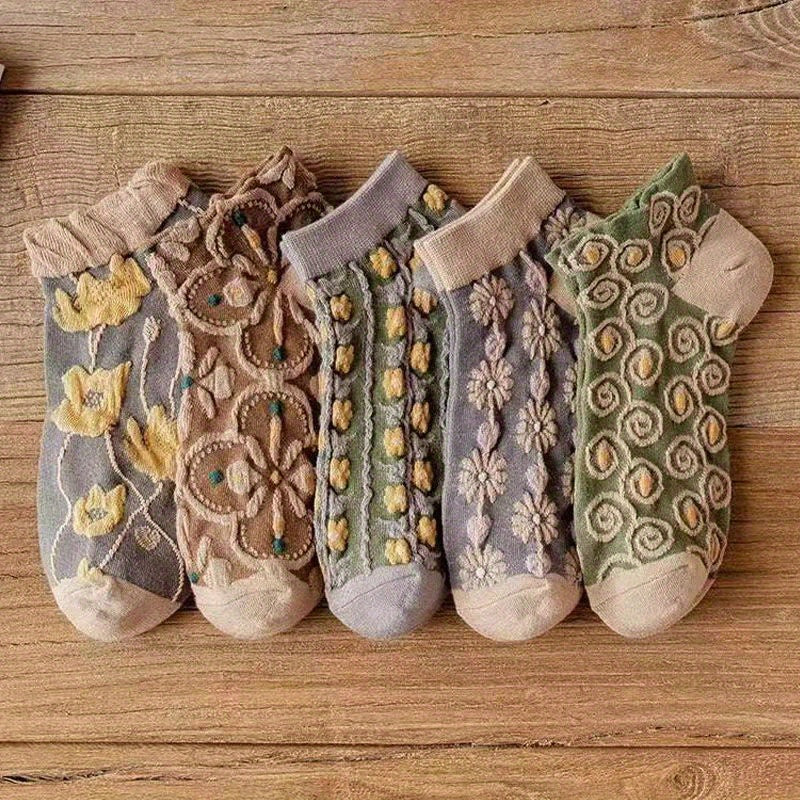 5 Pairs 3D Floral Textured Socks Retro Short Socks Women's Stockings