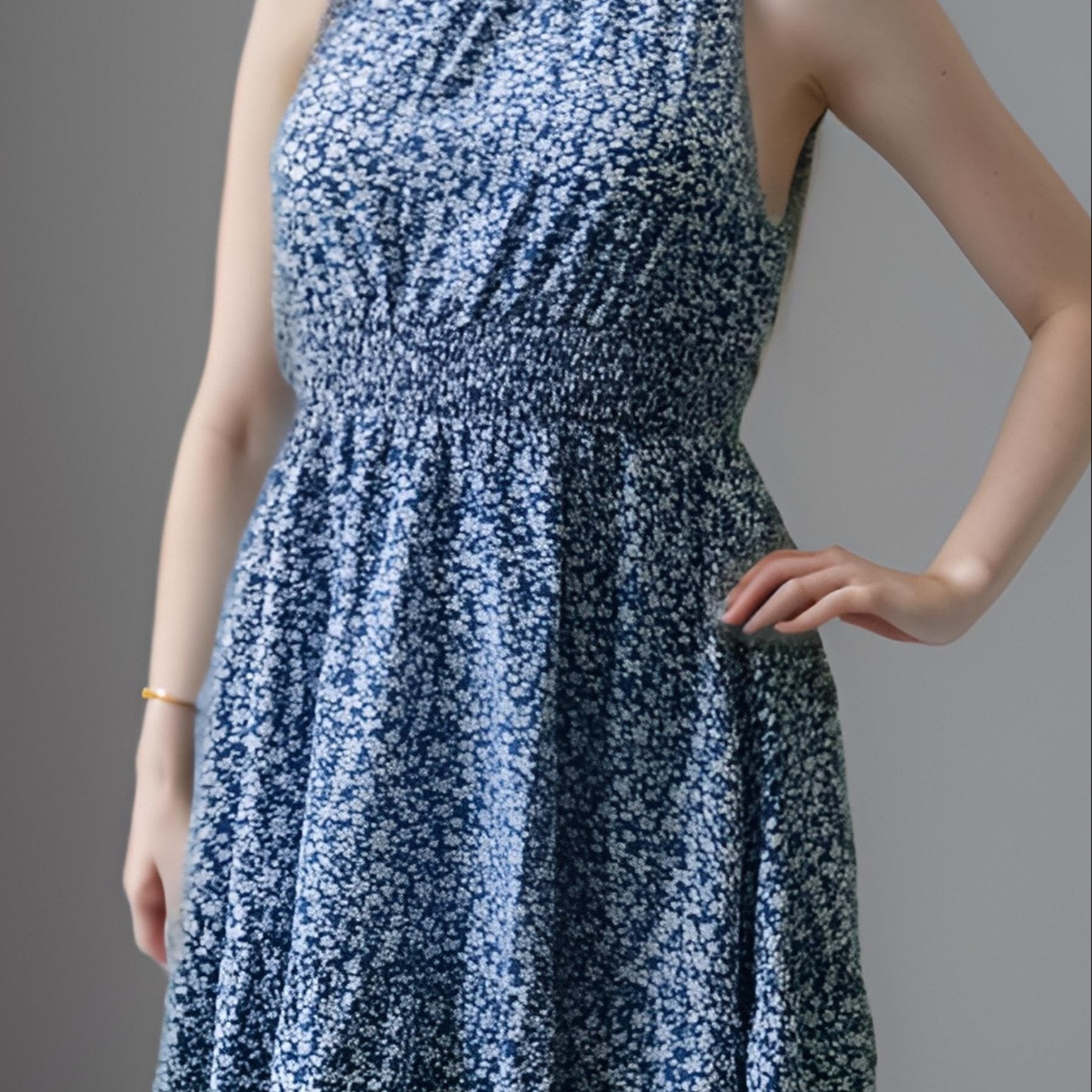 Ditsy Print High Neck Mini Dress