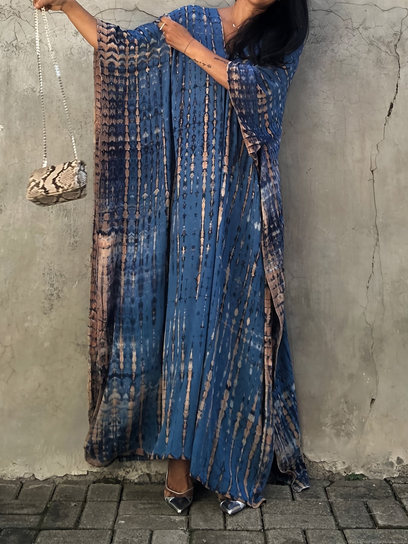  Boho Cover Up Tie Dye Striped Bat Sleeve V Neck Split Max