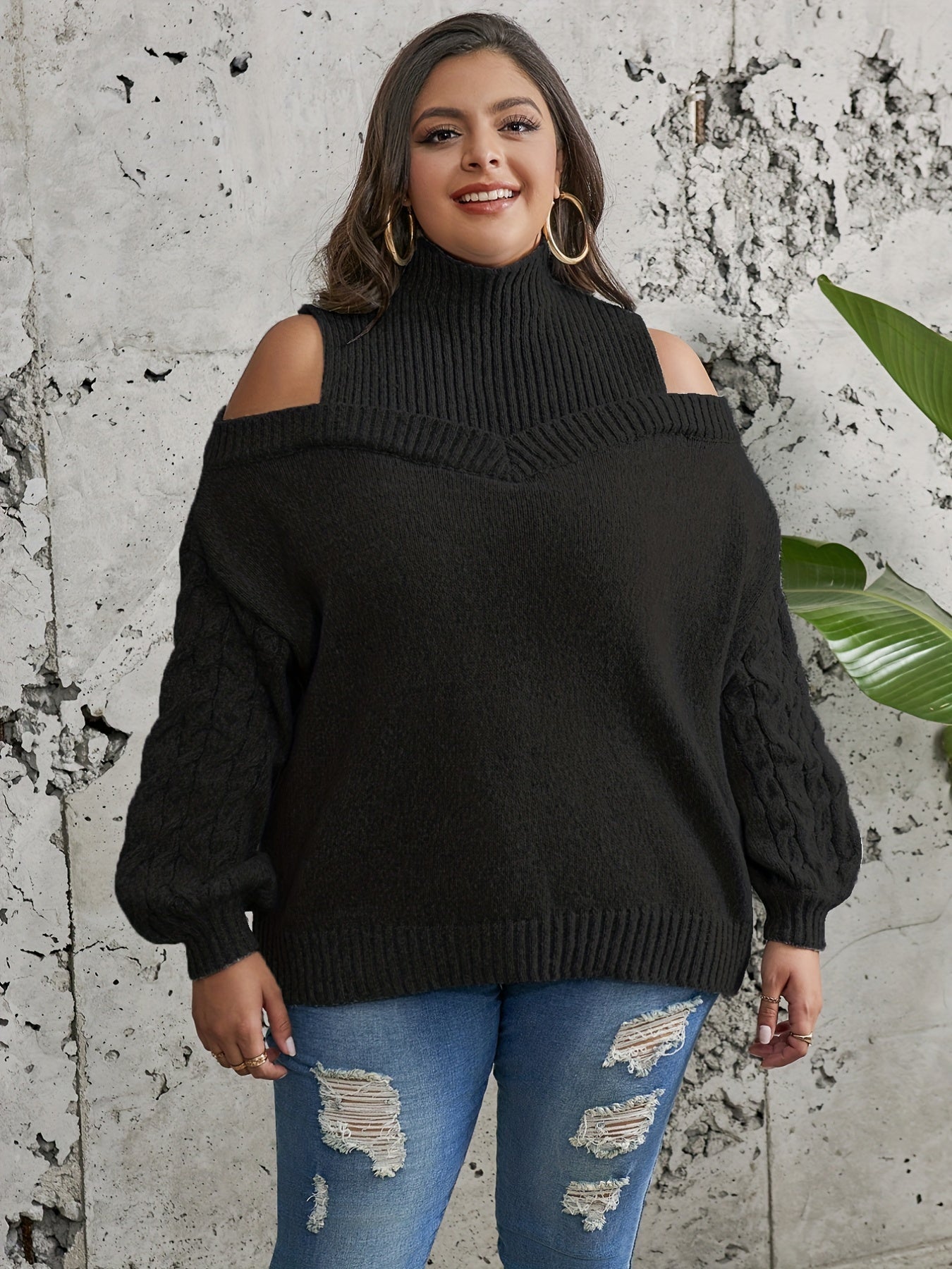  Cold Shoulder Jacquard Sweater Women's Plus Casual Knitwear Tops