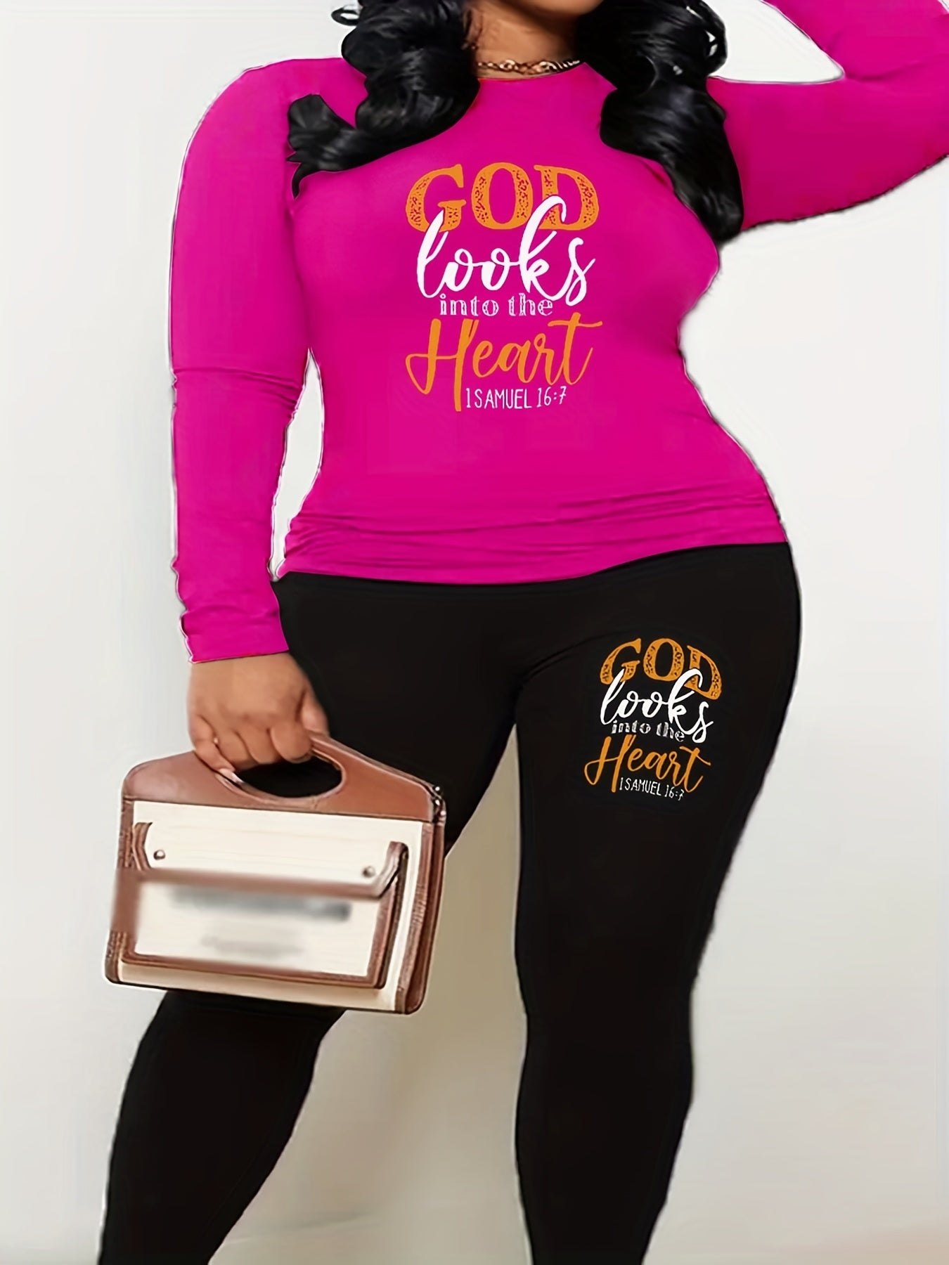 Women's Plus Slogan Print Top & Leggings Set