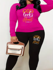 Women's Plus Slogan Print Top & Leggings Set