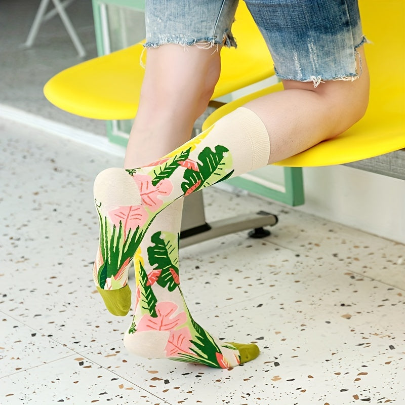 Floral Pattern Socks, Comfy & Breathable Women's Mid Tube Stockings