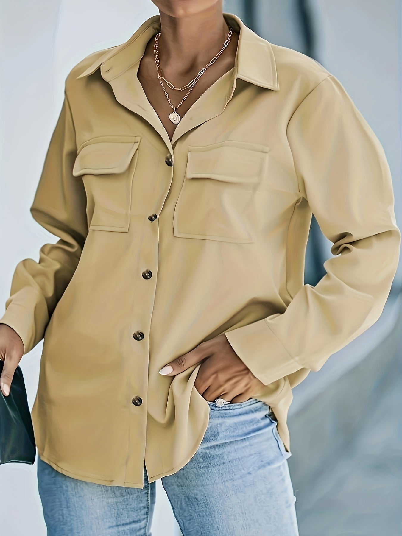  Solid Long Sleeve Button Up Top