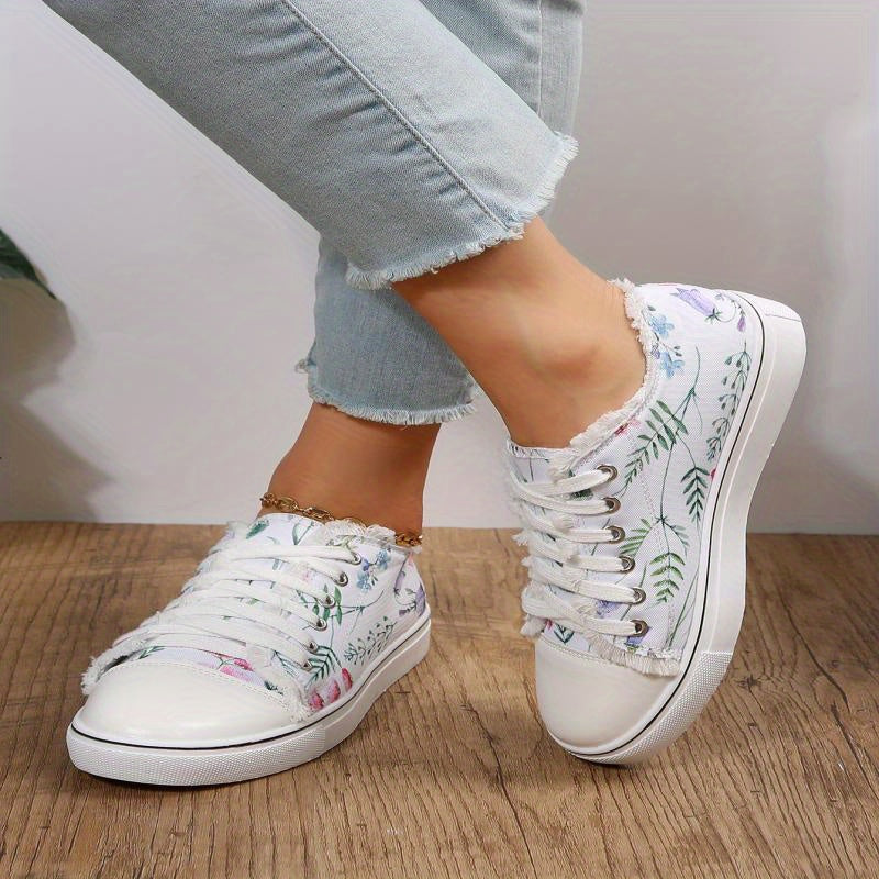 Floral Print Canvas Sneakers Lace Up Round Toe Walking Shoes