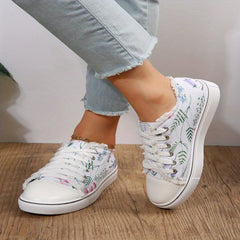 Floral Print Canvas Sneakers Lace Up Round Toe Walking Shoes