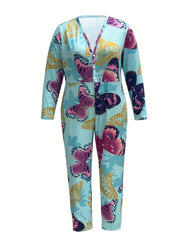  Butterfly Print V Neck Long Sleeve Jumpsuit