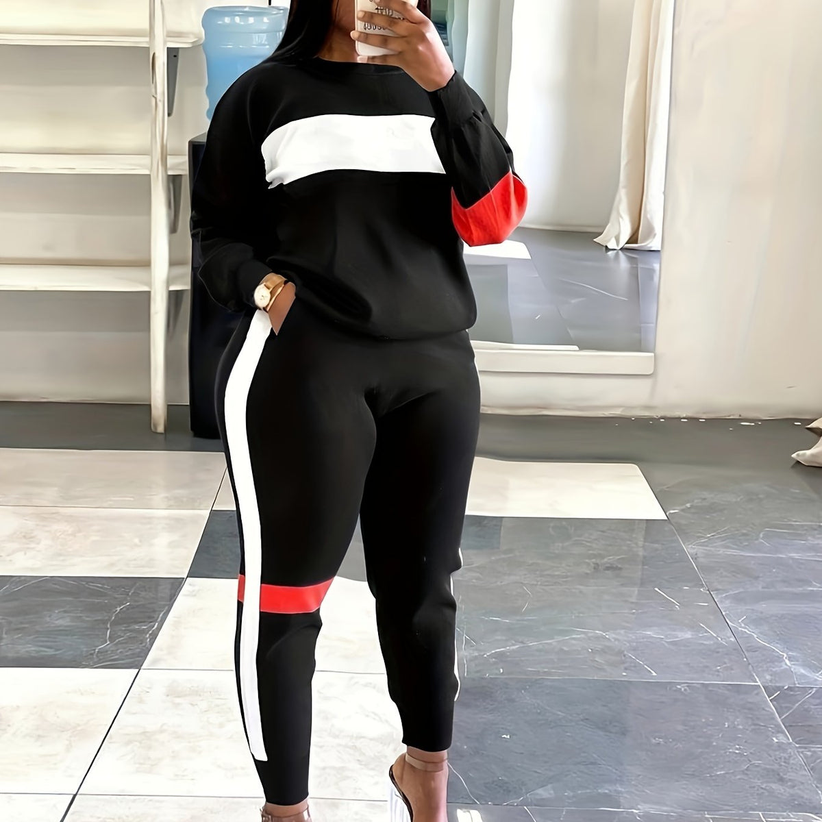  Colorblock Striped Top & Joggers Set