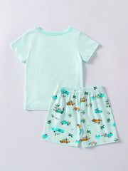 Kids Cartoon Vacation Outfit Set - Short Sleeve T-shirt & Casual Shorts