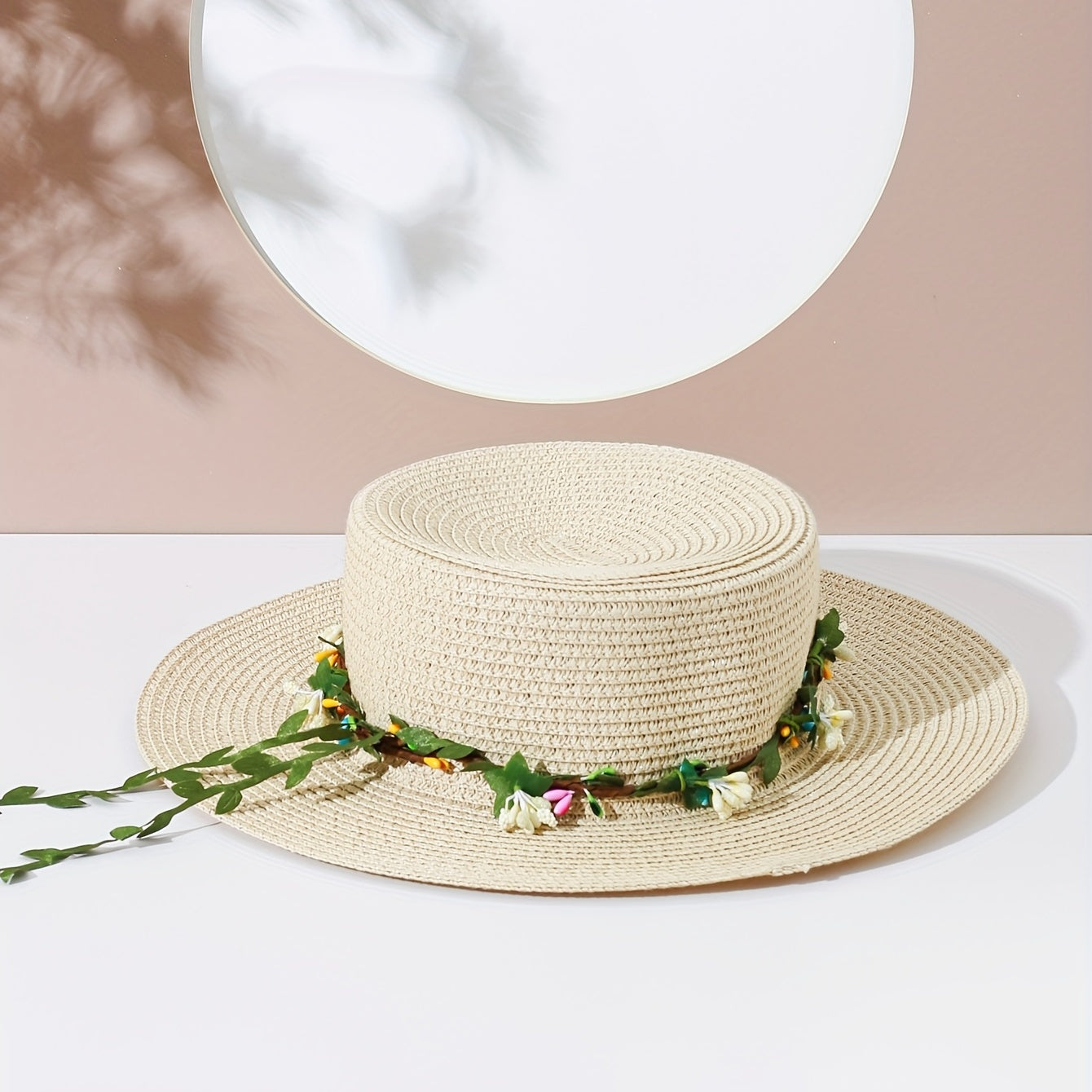 Green Garland Braided Sun Hat Easter Beige Straw Hat Flat Top Fedora Cap