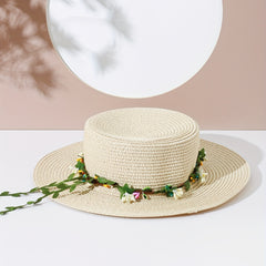 Green Garland Braided Sun Hat Easter Beige Straw Hat Flat Top Fedora Cap
