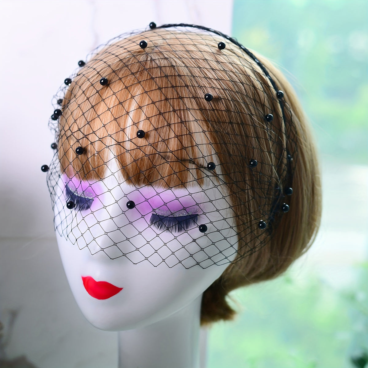 Beaded & Faux Birdcage Veil Headband for Bridal Showers Weddings Parties