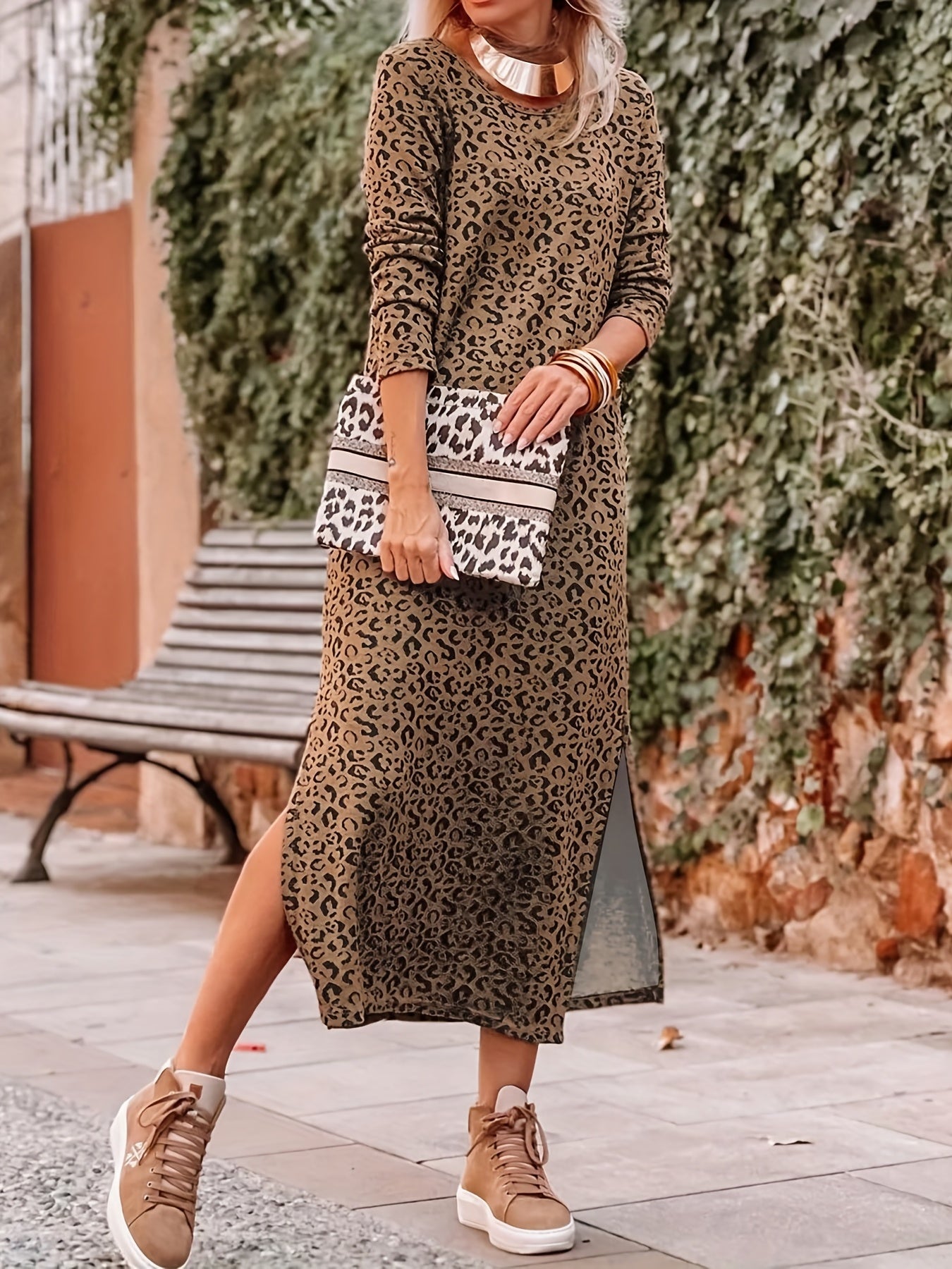  Leopard Print Long Sleeve Maxi Dress