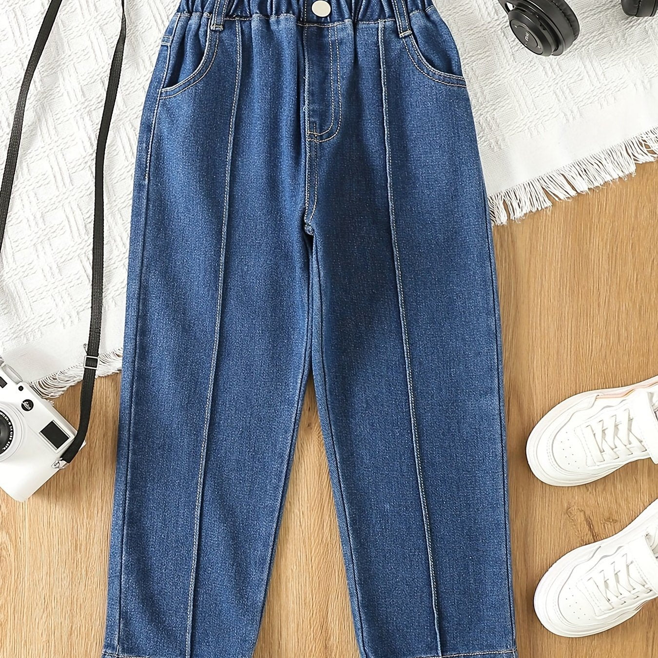 Girls Wide Leg Jeans Denim Trousers Elastic Waist