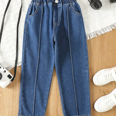 Girls Wide Leg Jeans Denim Trousers Elastic Waist