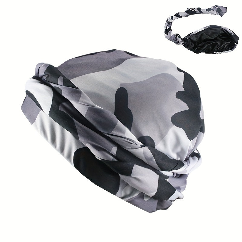 Camouflage Print Turban Cap Pre-tied Head Wrap Elastic Bonnet Lightweight Beanie