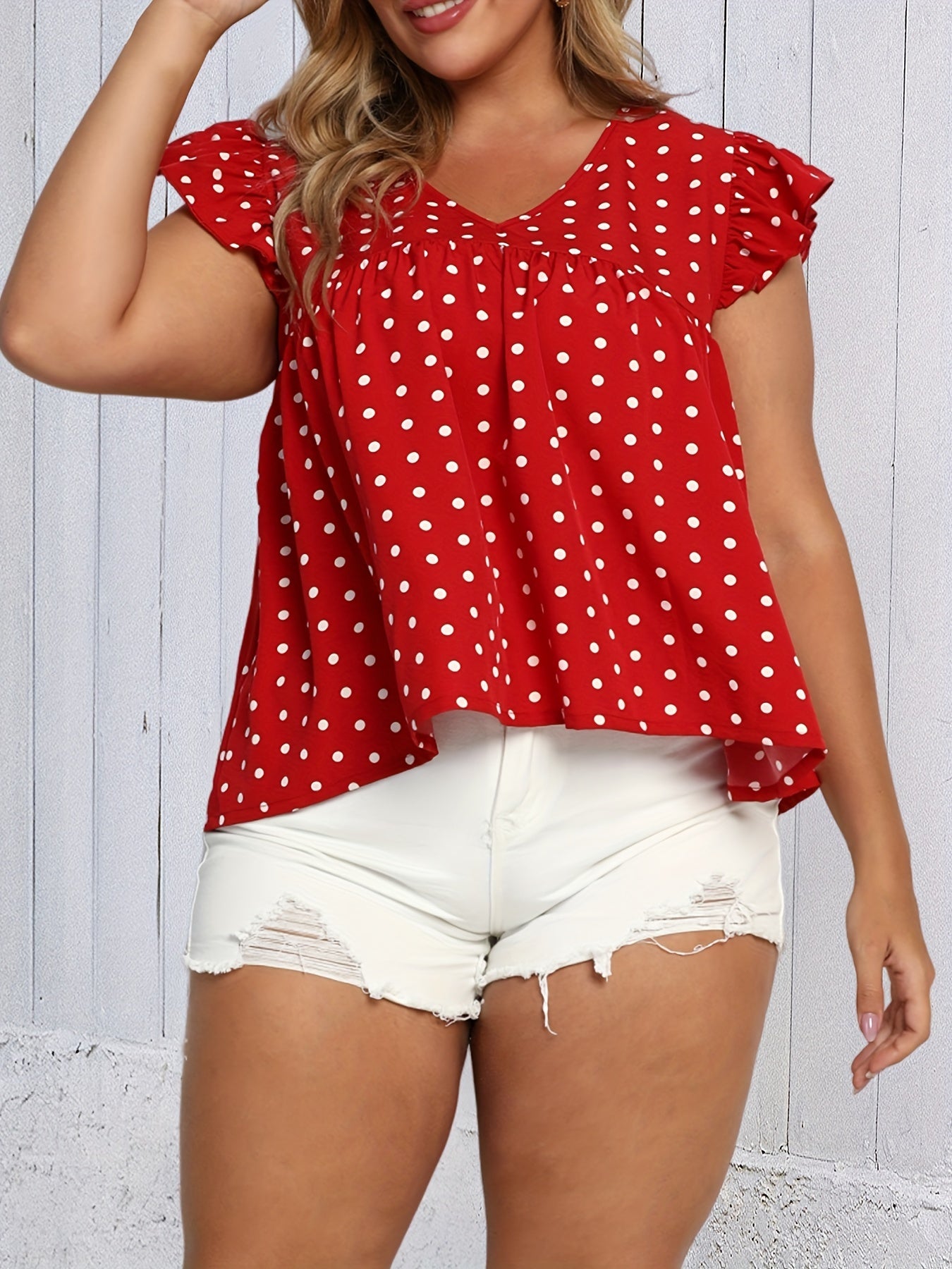  Polka Dot Print Ruffle Trim V Neck Tank Top