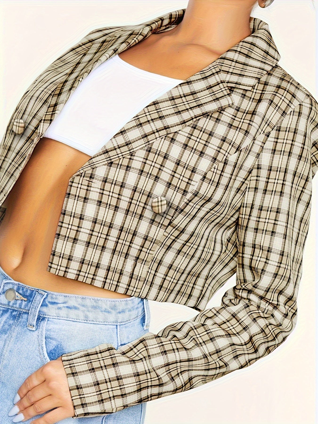  Plaid Print Long Sleeve Crop Blazer