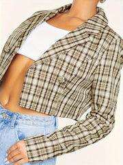  Plaid Print Long Sleeve Crop Blazer