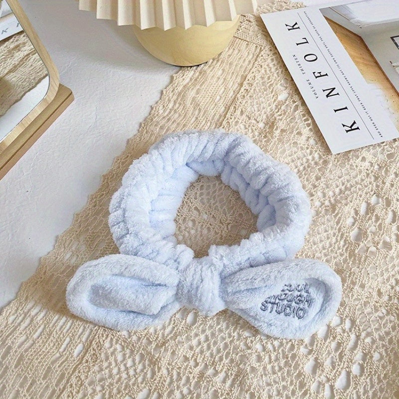 Soft Plush Bowknot Headband Elastic Headband for Spa Makeup