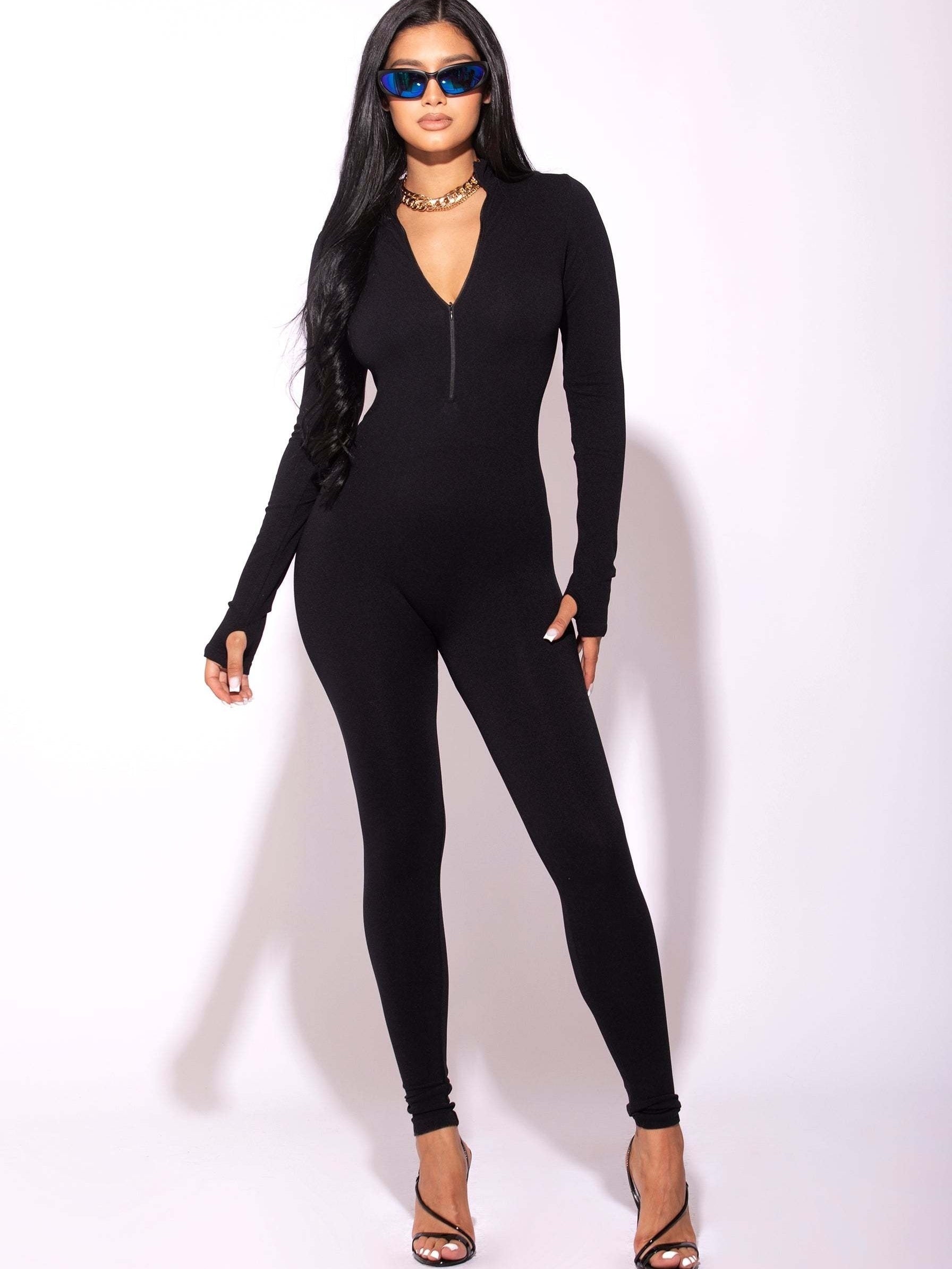 Solid Skinny Zip Up Jumpsuit Long Sleeve Stretchy Women's Clothing
