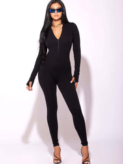 Solid Skinny Zip Up Jumpsuit Long Sleeve Stretchy Women's Clothing