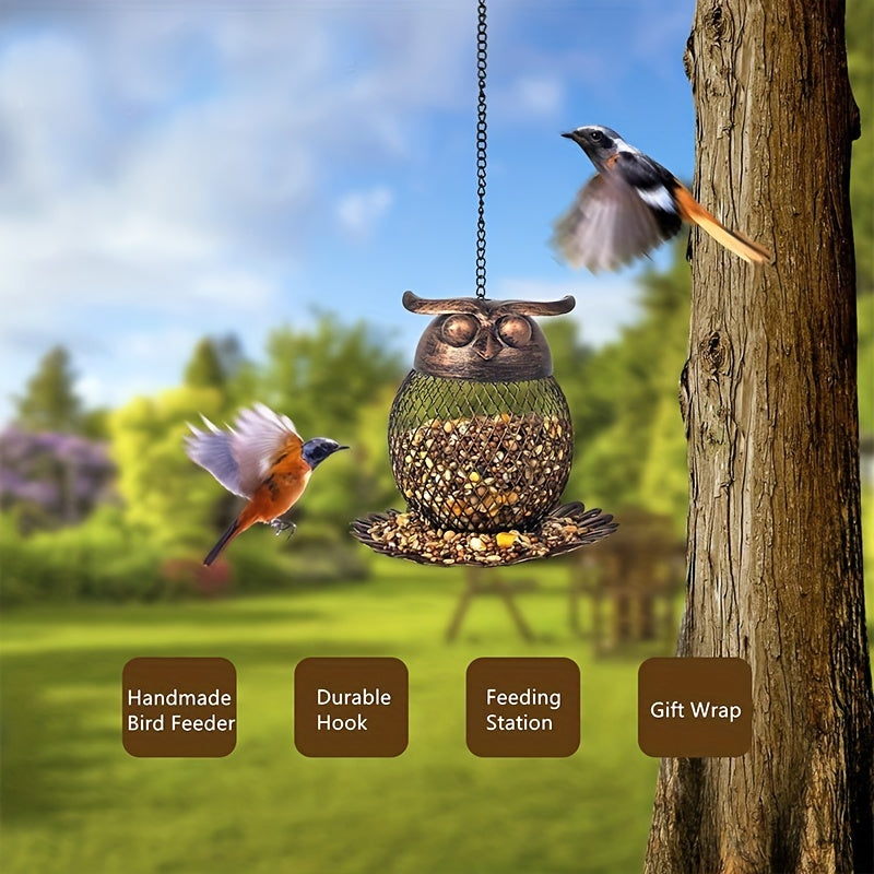 Owl Shaped Hanging Bird Feeder Copper Metal Mesh Wild Finch Bird Feeder