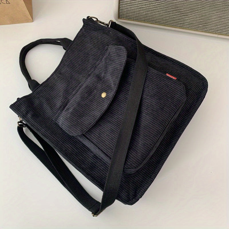 Corduroy Totes Bag For Women Solid Crossbody Bag Pocket Front Handbag For Travel