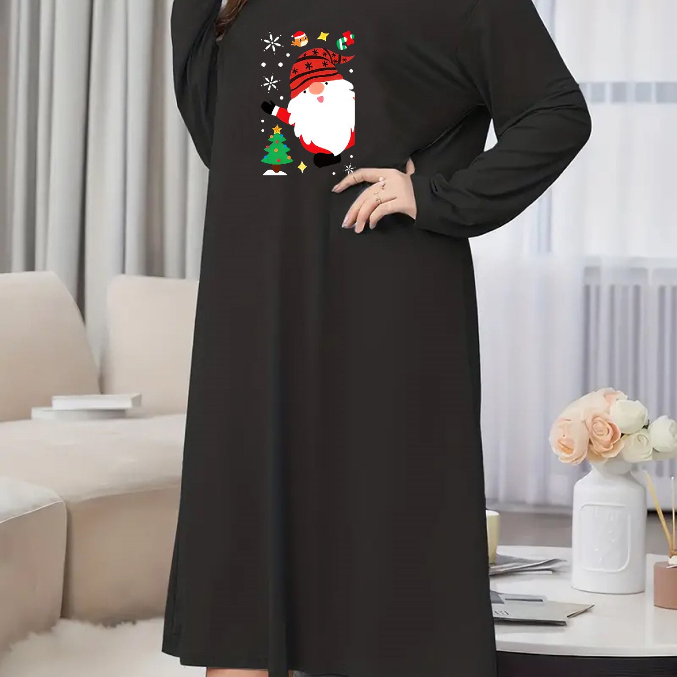  Christmas Nightdress Women's Plus Santa Claus Print Long Sleeve