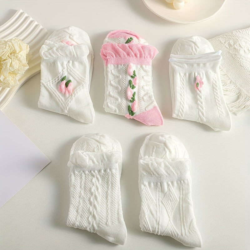 5 Pairs Floral Print Ruffle Socks Women's Mid Tube Stockings