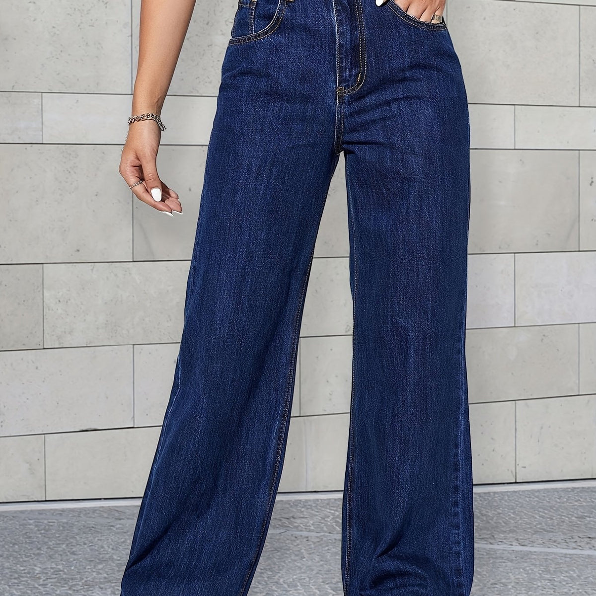 Loose Fit Wide Leg Boyfriend Jeans High Waist Slash Pockets