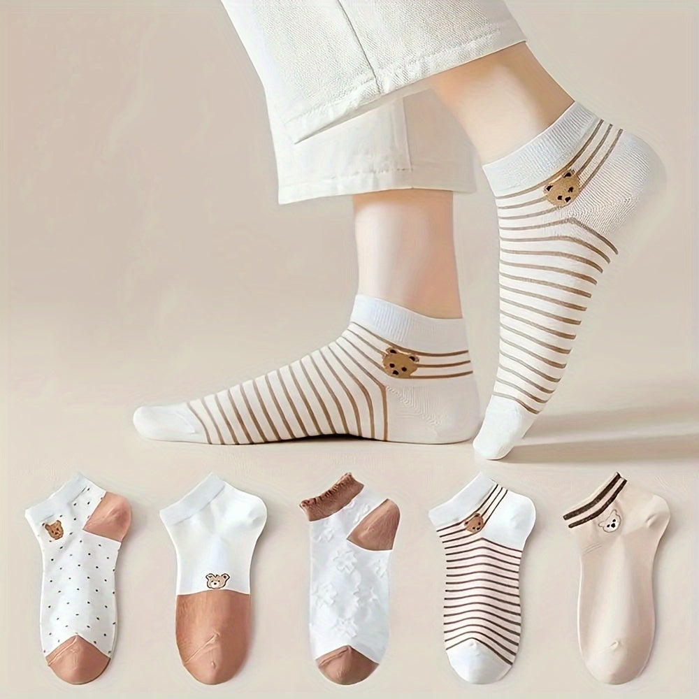 5 Pairs Stripe & Bear Print Low Cut Ankle Socks Women's Stockings