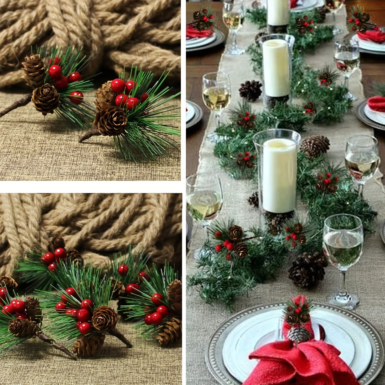 5pcs Artificial Pine Paddles Small Berries Pine Cones Christmas Decor