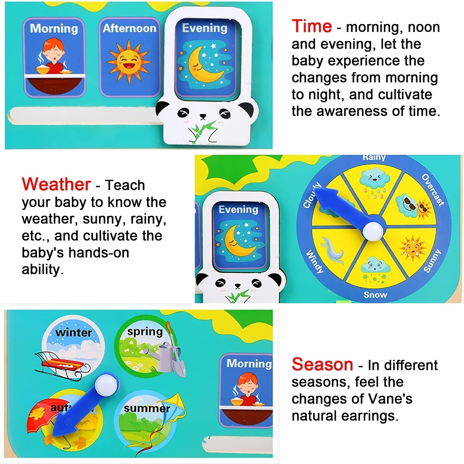 Montessori Wooden Toys Educational Clock for Kids Time Weather Seasons