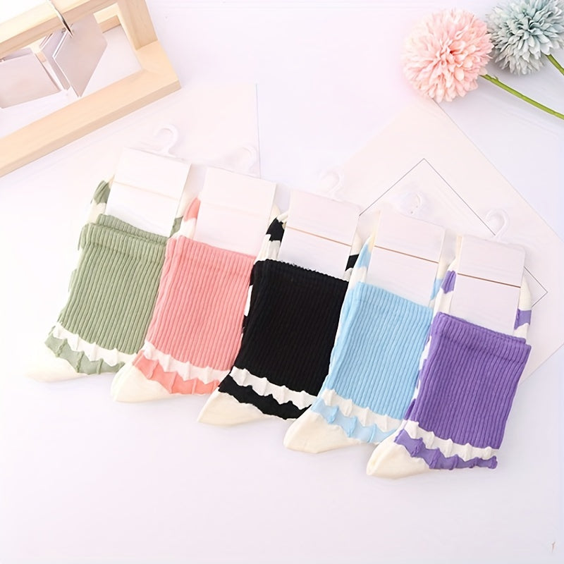 5 Pairs Women's Striped Crew Socks - Comfy & Breathable Stockings