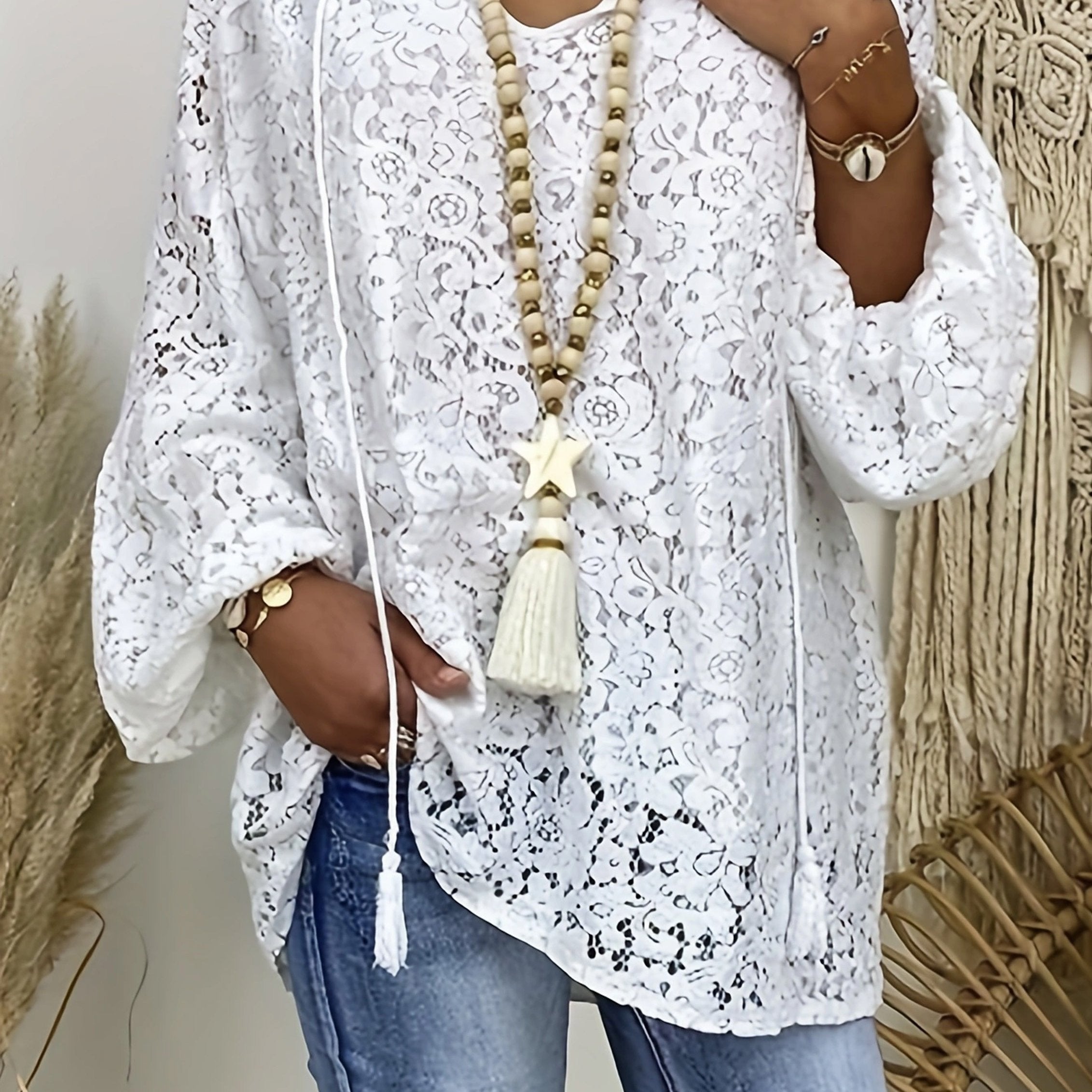  Boho Blouse Lace Lantern Sleeve Tunic Top