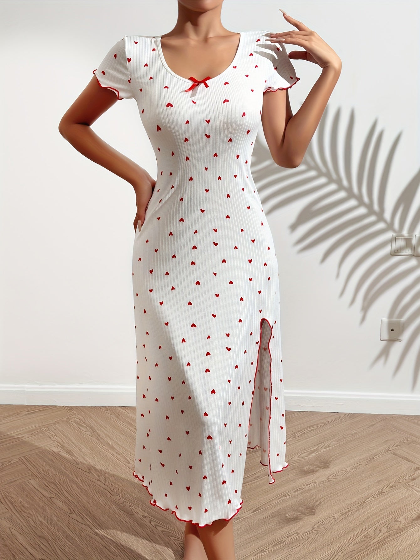 Heart Print NightDress Short Sleeve Split Pajama Dress