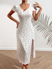 Heart Print NightDress Short Sleeve Split Pajama Dress