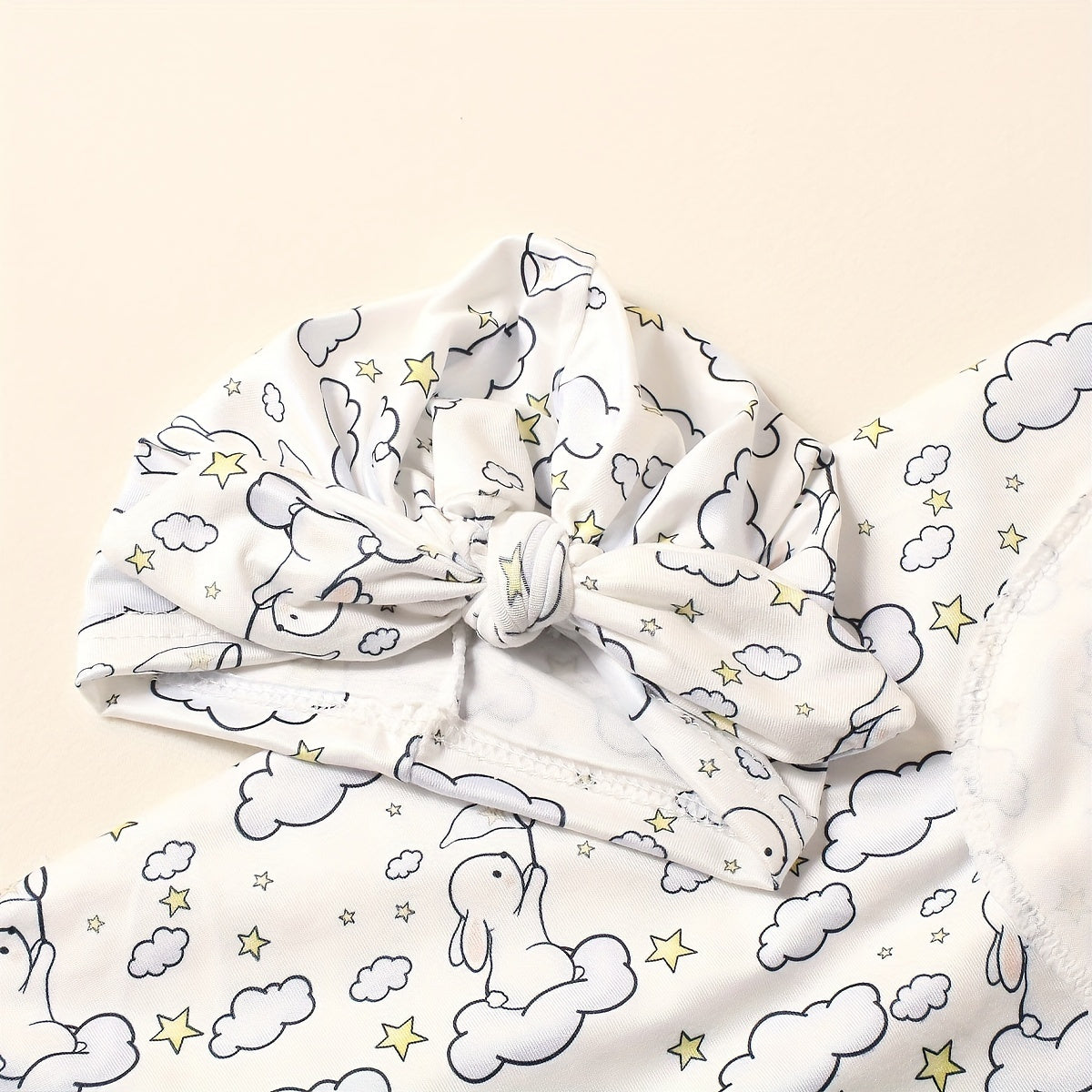 3 Piece Newborn Blanket Kit Rabbit Print Wrap Anti Startle Swaddle Headband