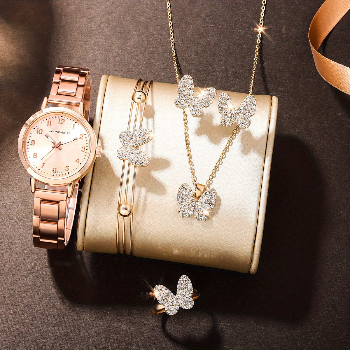 Rhinestone Quartz Watch & 5pc Jewelry Set