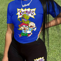  Cartoon Figure Print Short Sleeve Top & Shorts Outfits Set
