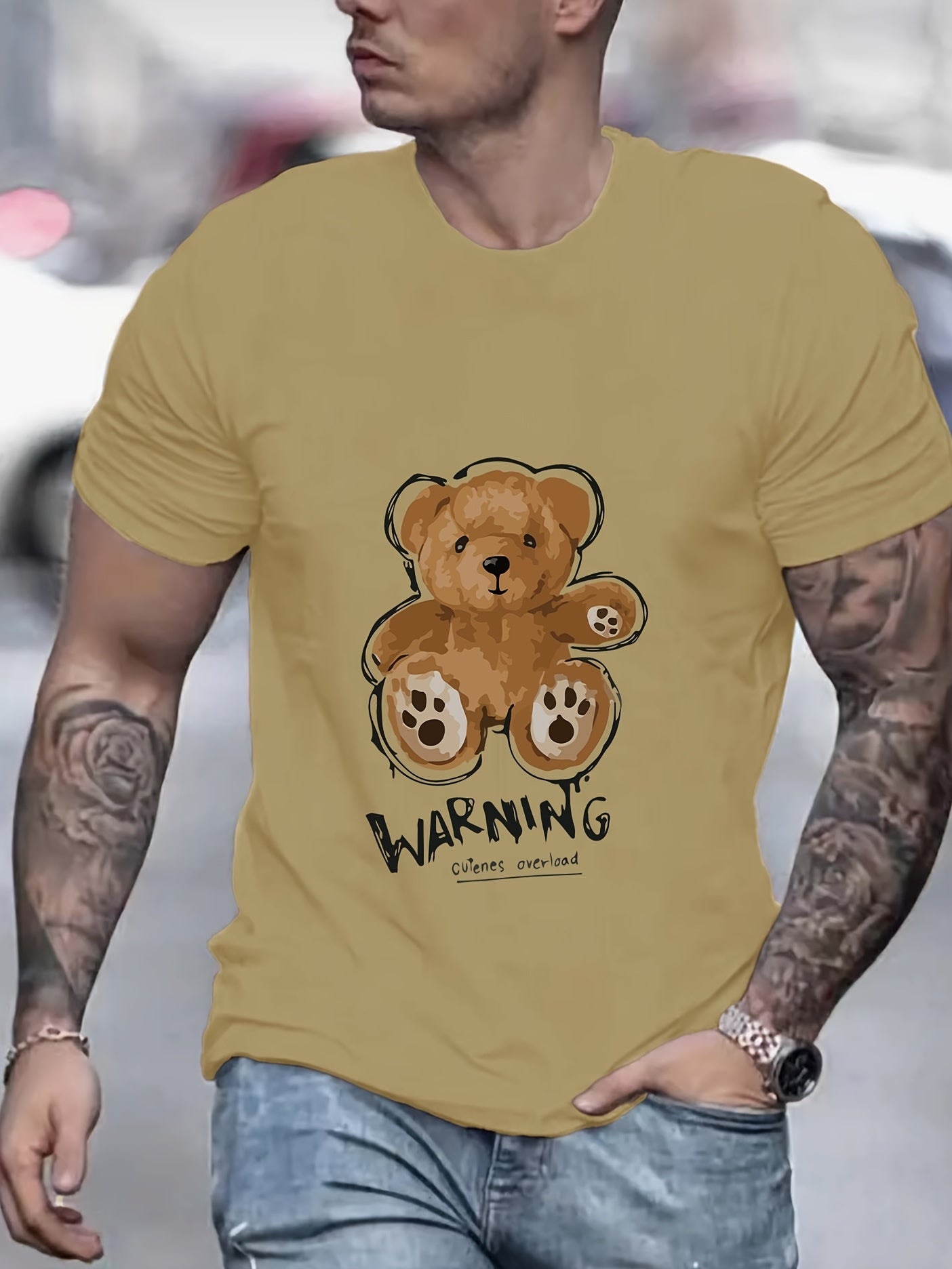 Teddy Bear Print Men's Graphic Crew Neck Tshirt for Summer Vacation